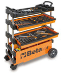 Collapsible Rolling Tool Cart With Locking Drawers, heavy duty metal trolley with steering wheels, brake system, thermoplastic worktop, orange.