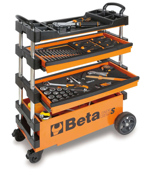Collapsible Rolling Tool Cart With Locking Drawers, heavy duty metal trolley with steering wheels, brake system, thermoplastic worktop, orange.