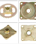 Close-up of Rear Axle Assembly Kit components for 32 inch Go Karts with shaft hub, chain brake, and heavy duty chrome construction.