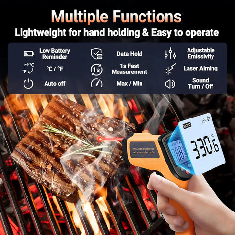 Non Contact Infrared Thermometer Gun For Cooking And BBQ With Backlight - Laser Temperature Gun For Grilling, Pizza Oven, And Smoker, Reads -58F To 712F, Handheld, Emissivity Adjustable 0.1-1.0, Not For Human Use on steak grill