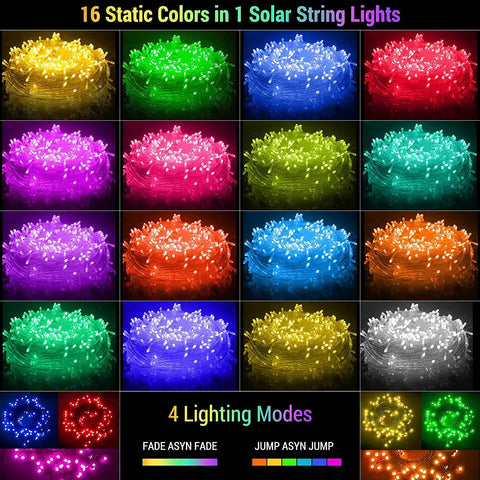 Color options for Dope Outdoor Solar String Lights 40Ft With 100 LED In 16 Colors 20 Modes Remote Waterproof for garden and patio