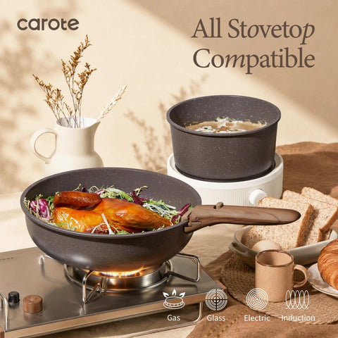 27 Piece Nonstick Pots And Pans Set With Detachable Handle, Dishwasher Safe, Induction Compatible, shown on gas stovetop