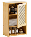 Rattan Bamboo Over The Toilet Wall Cabinet With Adjustable Inside Shelf And Open Lower Shelf Space Saver For Bathroom Kitchen Hallway Living Room Totally Great For Small Spaces And Daily Use, showing open door with toiletries inside.