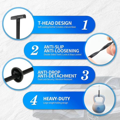 DIY Friendly Double-Sided Nylon Universal Cable Tie Buckles 120 Pack features and benefits infographic.