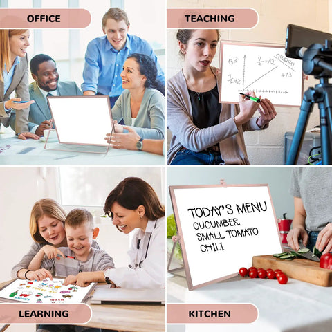 Rose Gold Magnetic Desktop Dry Erase Whiteboard Double Sided With Stand 16 By 12 Inches used in office, teaching, learning, kitchen