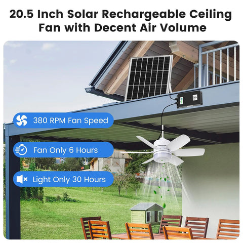 Solar Rechargeable Ceiling Fan Light With Battery Backup 20.5 Inch Outdoor Hanging Fan under gazebo roof