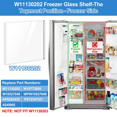 Fridge with open door showing freezer and refrigerator sections labeled, next to glass shelf replacement for freezer.