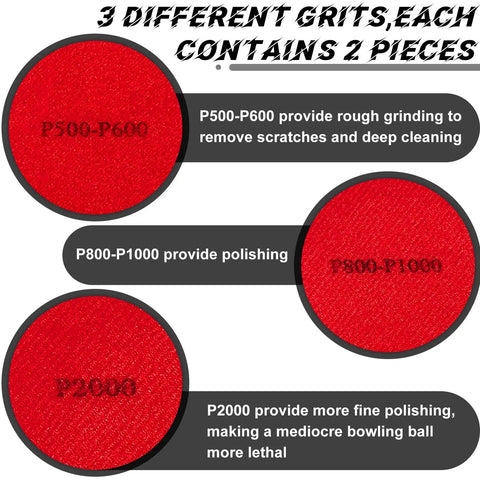 Image of a Six Piece Bowling Ball Sanding Pads Kit With 5 Inch Pads In Grit P500 P1000 P2000 for resurfacing.
