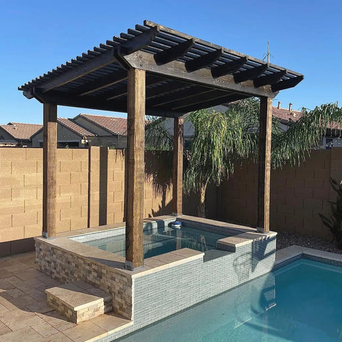 Wooden pergola over poolside area using Six Pack 6x6 Post Anchor Base Adjustable Wood Brackets For Concrete Projects, Metal Post Base Holder.