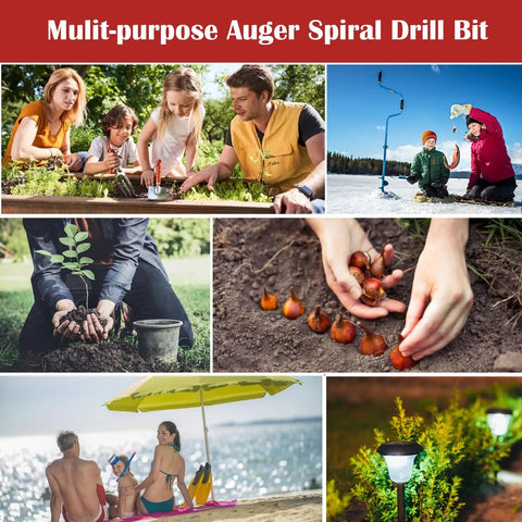 Four By Sixteen Inch Auger Drill Bit For Planting And Ice Fishing With Upgraded Thickened Blades And Cemented Carbide Tips shown in various uses