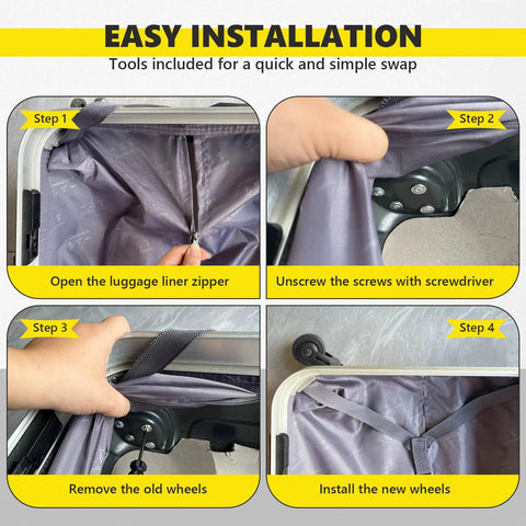 Installation steps for Universal Luggage Wheels Replacement Kit For Spinner Suitcases 360 Degree Rotating Caster Set with 2 wheels.