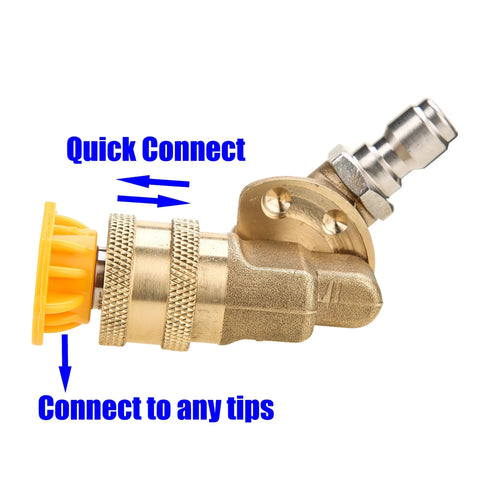 Brass quick-connect pressure washer coupler with pivoting head for 1/4 inch hose