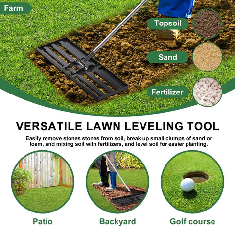 72-Inch Lawn Leveling Rake With Stainless Steel Handle in use on grass showing versatility for golf courses and gardens.