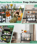 Four scenarios showing Outdoor Grill Cart 36 Inch Stainless Steel Pizza Oven Table With Lockable Wheels in garden, kitchen, party, and patio.