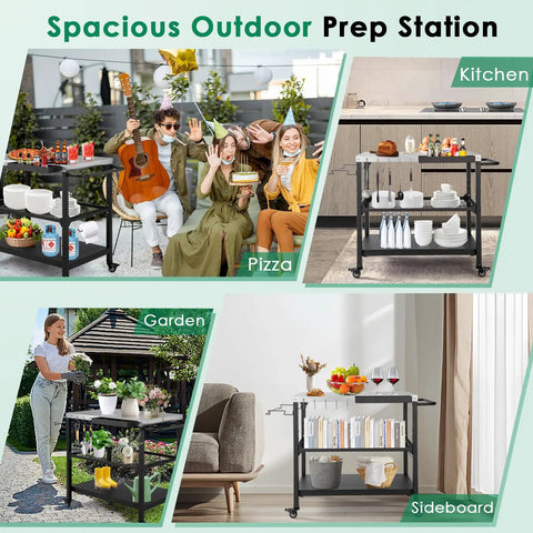 Four scenarios showing Outdoor Grill Cart 36 Inch Stainless Steel Pizza Oven Table With Lockable Wheels in garden, kitchen, party, and patio.