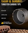 Four And A Half Inch Concrete Hole Saw Kit With Tungsten Carbide Teeth showing cutting edges on bricks