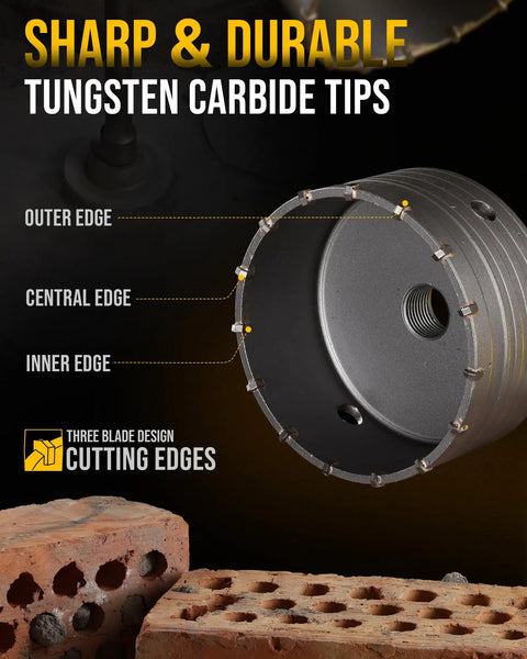 Four And A Half Inch Concrete Hole Saw Kit With Tungsten Carbide Teeth showing cutting edges on bricks