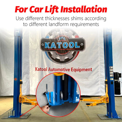 36 Piece Two Post Lift Shim Kit For Surface Mount DIY installation of two-post automotive lift with shim detail inset