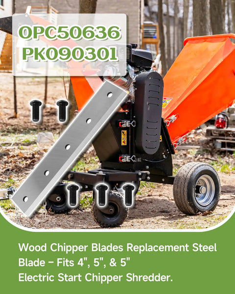 Heavy Duty 12 Inch Wood Chipper Blade Replacement Fits 4 Inch And 5 Inch Electric Start Chippers Shredder For Green And Dry Wood Cutting PK0903 PK090301 PK0915EH PK0915 steel blade next to chipper