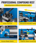 Badass Precision Bench Top Mini Metal Lathe 7X14 Inch showing professional compound rest with 4-way tool post and movable tailstock.