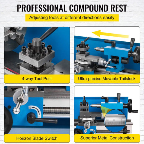 Badass Precision Bench Top Mini Metal Lathe 7X14 Inch showing professional compound rest with 4-way tool post and movable tailstock.