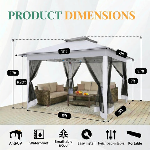 Image of 12x12 Pop Up Gazebo On Clearance, Easy Up Metal Frame Outdoor Shelter With Waterproof Canopy, Mosquito Netting, Ropes, Stakes And Carry Bag, Portable Patio Garden Tent For Backyard.