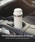 Portable Breast Milk Cooler With Double Insulated Stainless Steel Thermos Keeps Newborn Feeds Straight Up Icy For Twenty Four Hours Hustle Proof Mom Gear With Two Reusable Bottles Stay Chill Ice Packs On The Go Routine in a car cup holder.