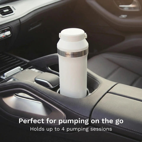 Portable Breast Milk Cooler With Double Insulated Stainless Steel Thermos Keeps Newborn Feeds Straight Up Icy For Twenty Four Hours Hustle Proof Mom Gear With Two Reusable Bottles Stay Chill Ice Packs On The Go Routine in a car cup holder.
