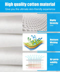 Diagram showing high-quality cotton material with features of high stretch, moisture wicking, and air permeability for Overnight White Cotton Gloves For Dry Hands And Eczema Care, 7 Pairs Washable 8.6 Inch Soft Breathable Spa Grade Nighttime Hand Treatment For Women And Men, Moisturizing Relief.