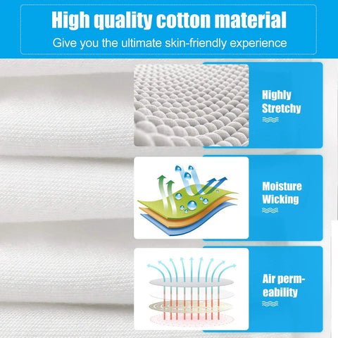 Diagram showing high-quality cotton material with features of high stretch, moisture wicking, and air permeability for Overnight White Cotton Gloves For Dry Hands And Eczema Care, 7 Pairs Washable 8.6 Inch Soft Breathable Spa Grade Nighttime Hand Treatment For Women And Men, Moisturizing Relief.