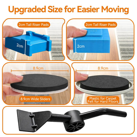Heavy Duty Furniture Sliders With Lever Lift Tool, 12 Piece Multi Surface Moving Kit For Carpet Hardwood Floors, showing riser pads and sliders.