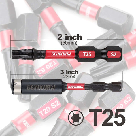 GEINXURN T25 Torx screwdriver bit, 50 mm (2 in), S2 alloy steel, magnetic; includes impact bit holder (front view)
