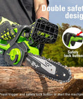 Powerful 24 Volts Cordless Chainsaw Using 10 Inch Low Recoil Bar For Storm Cleanup showcasing safety lock and trigger features.