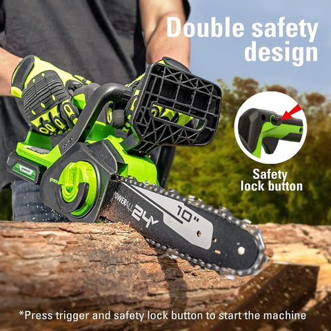 Powerful 24 Volts Cordless Chainsaw Using 10 Inch Low Recoil Bar For Storm Cleanup showcasing safety lock and trigger features.