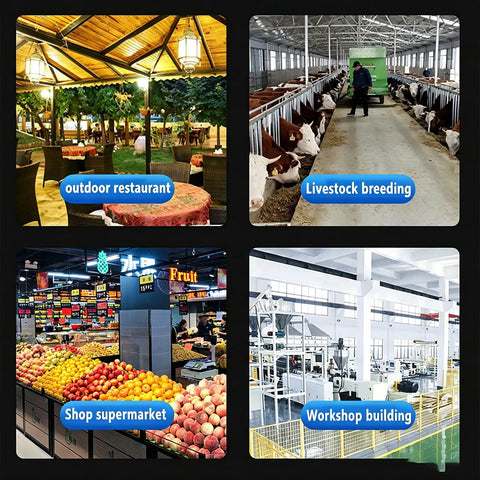 Heavy Duty 26 Inch Stand Up Drum Fan With Mist Spray Cooler And 50 Liter Tub in various commercial spaces, including restaurant and supermarket.