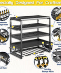 Rock Solid Five Tier Wall Mount Power Tool Organizer Rack For Garage Storage showing storage for drills, pliers, and hammers.