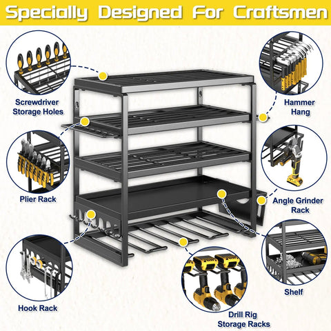 Rock Solid Five Tier Wall Mount Power Tool Organizer Rack For Garage Storage showing storage for drills, pliers, and hammers.