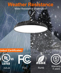 UFO LED High Bay Light 100W For Warehouses And Workshops, 11,000 Lumens, 5000K Daylight, UL listed, showcasing water resistance