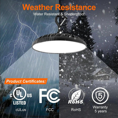 UFO LED High Bay Light 100W For Warehouses And Workshops, 11,000 Lumens, 5000K Daylight, UL listed, showcasing water resistance