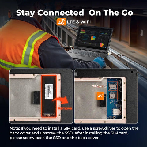 Person in work gear using Built Like A Tank 15.6 Inch Rugged Laptop Running Windows 11 Pro with 4G LTE and WiFi features.