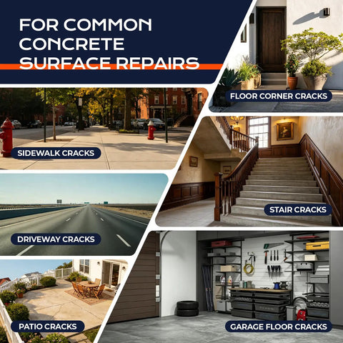 Self Leveling Concrete Crack Filler Two Pack Fast Curing Watersealer displaying various concrete cracks types for repair.