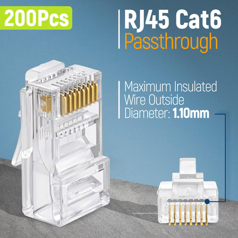 Clear RJ45 Cat6 Pass-Through Connectors, 200 pack with insulated wire diameter 1.10mm, for solid or stranded UTP cable.