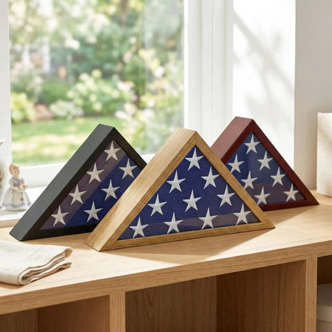 Three triangular flag cases with plexiglass fronts, including Small Folded Flag Display Case For 3x5 Ceremonial Flags Not For Burial Flag.