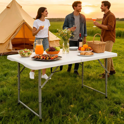 Portable 4Ft Folding Table With Fold-In-Half Design, Powder-Coated Steel Frame, used outdoors with picnic items, white