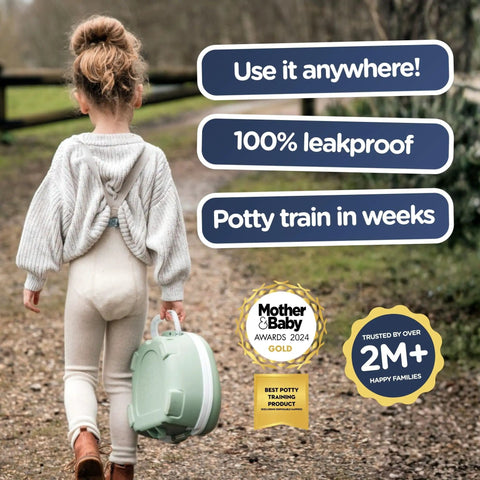 Girl carrying a green pastel travel potty, Leak Proof Portable Toddler Toilet Seat For Potty Training, on a walking path.