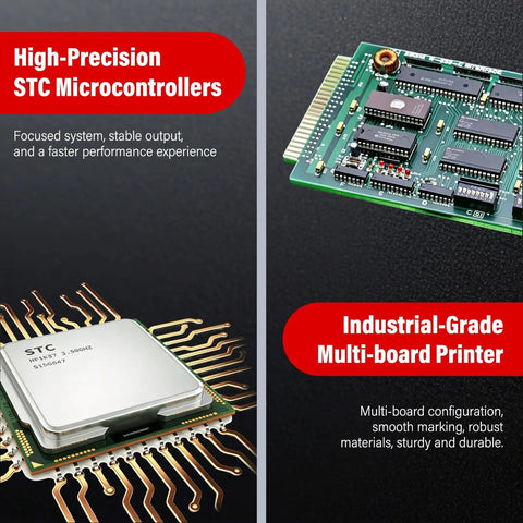 Close-up of STC microcontroller and industrial-grade multi-board printer