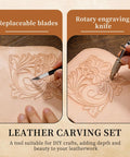 Close-up of leather carving with replaceable blades and rotary engraving knife from All In One Leather Tool Kit For Crafting And Leatherwork.