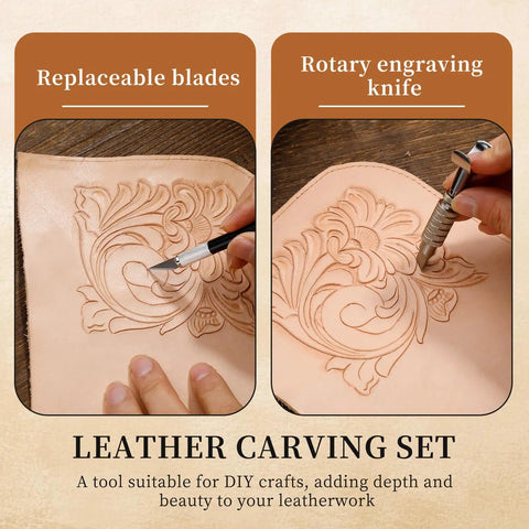 Close-up of leather carving with replaceable blades and rotary engraving knife from All In One Leather Tool Kit For Crafting And Leatherwork.