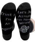 Two Pairs Funny Engineer Socks Gift Set For Men And Women Featuring Trust Me Im An Engineer Science And Engineering Theme Perfect Graduation Gift For Engineers And STEM Lovers with quotes and gear design on black socks.