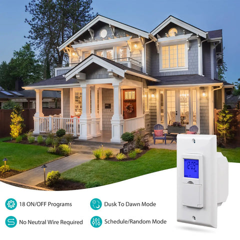 7 Day Programmable Astronomical In Wall Timer Switch For Lights, Fans And Motors, Single Pole Operation, No Neutral Wire